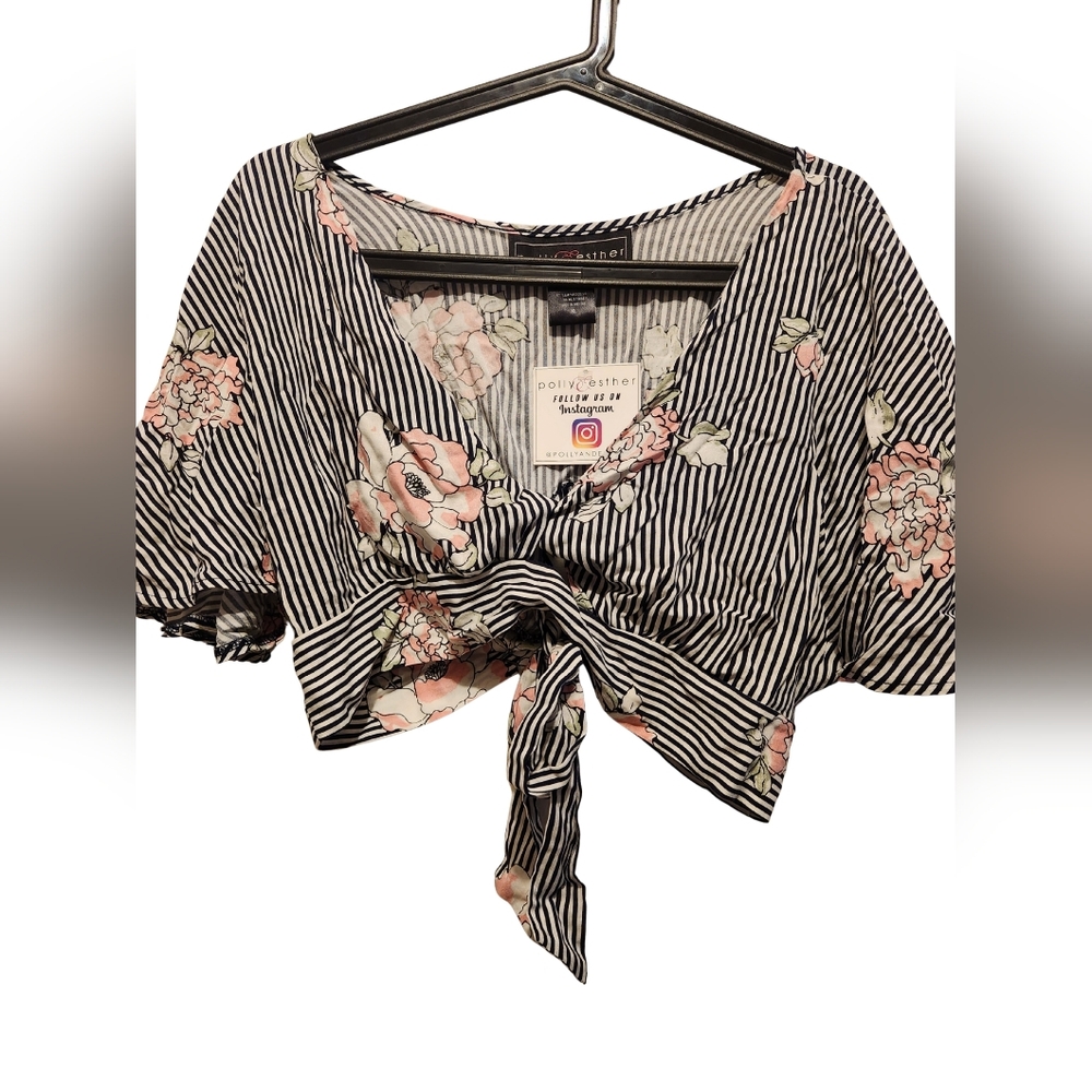 Polly & Esther Black and Pink Striped Floral Top